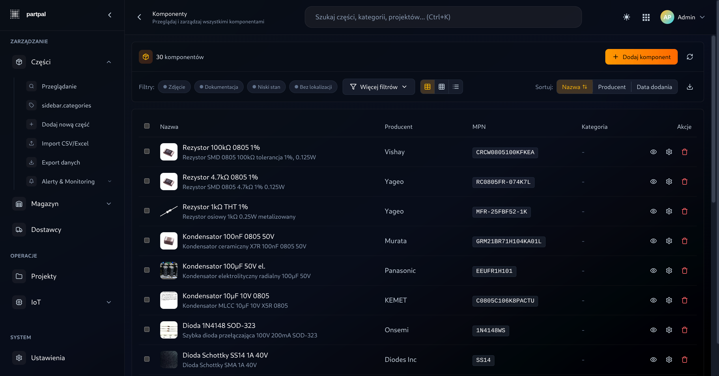 PartPal — components list view