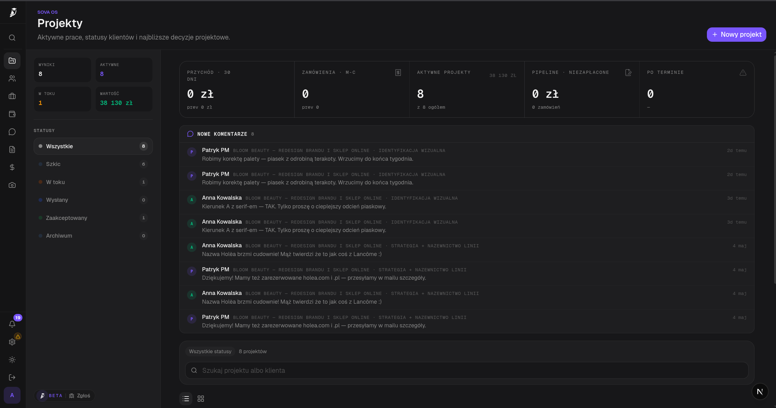 Sova — projects pipeline overview